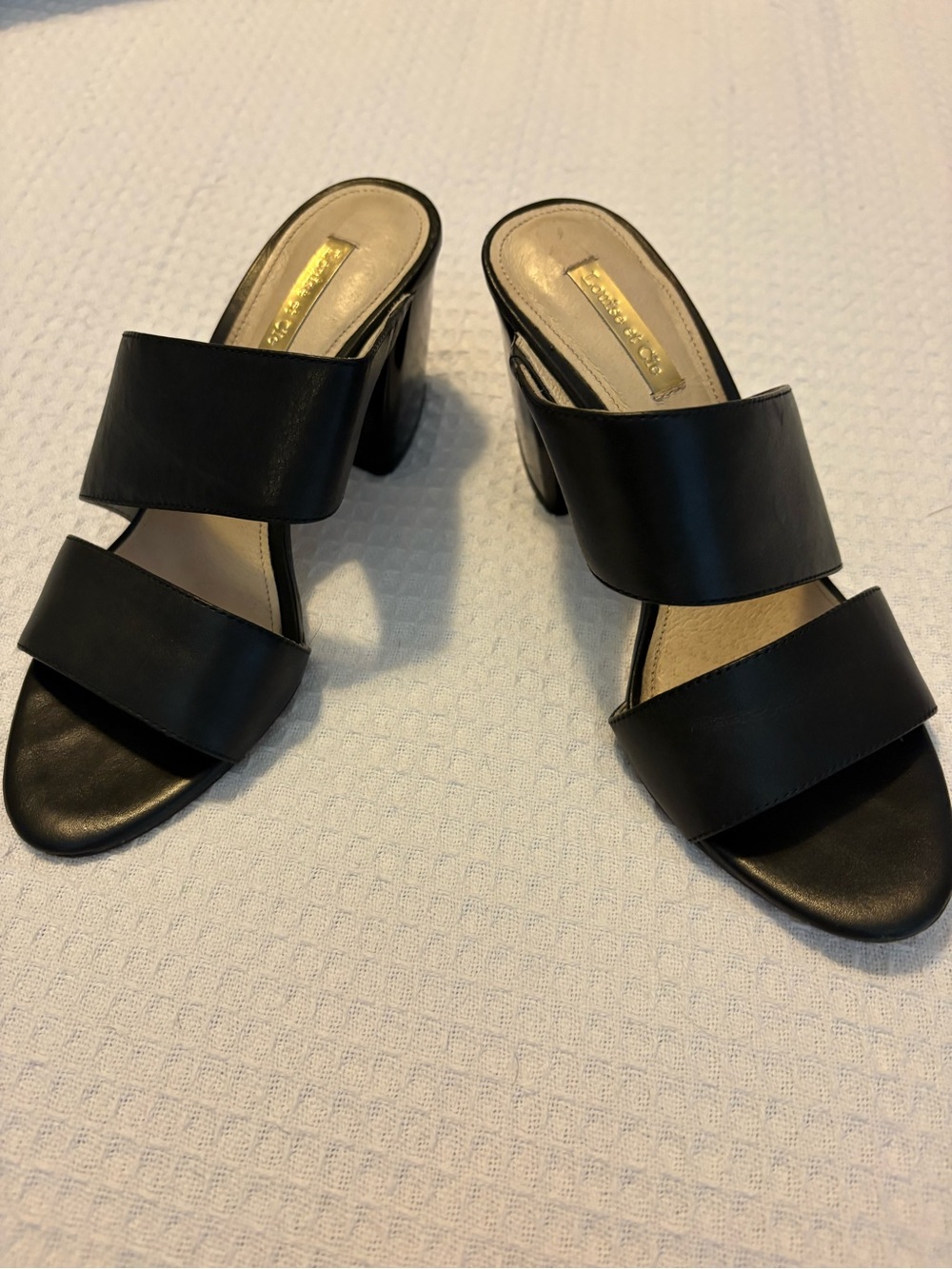 Black Double-Band Block Heel Slide Sandals
